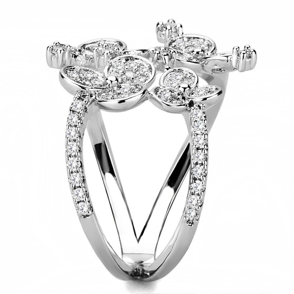 3W1447 Rhodium Brass Ring featuring a clear AAA Grade CZ center stone, showcasing its elegant design and shiny finish.