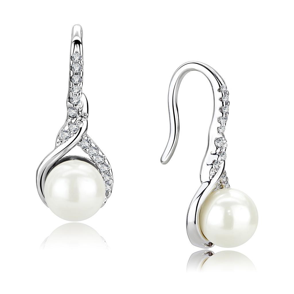 Elegant 3W1478 Rhodium Brass Earrings featuring a white synthetic pearl, showcasing a stylish design.