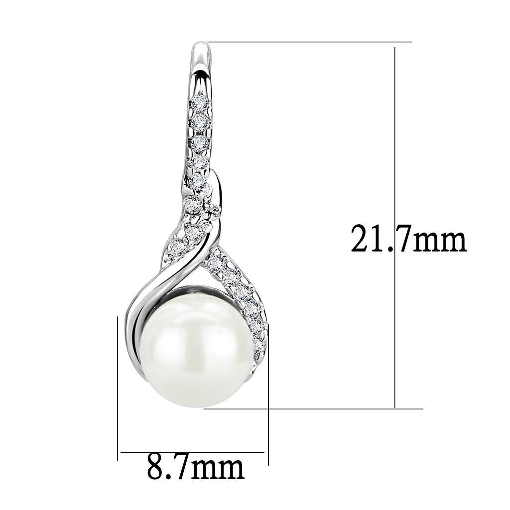 Elegant 3W1478 Rhodium Brass Earrings featuring a white synthetic pearl, showcasing a stylish design.