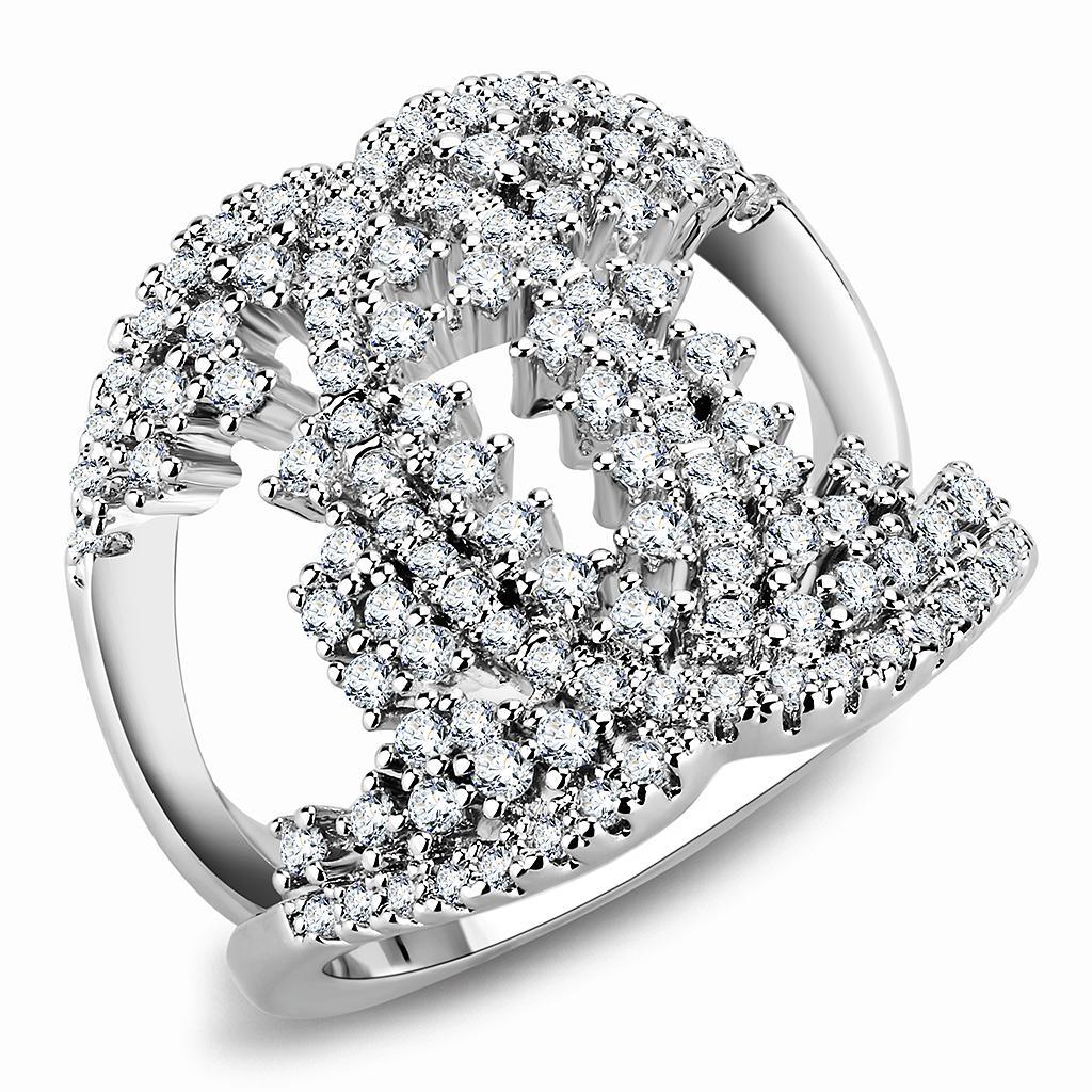 3W1448 Rhodium Brass Ring featuring a clear AAA Grade CZ stone, showcasing its elegant design and shiny finish.