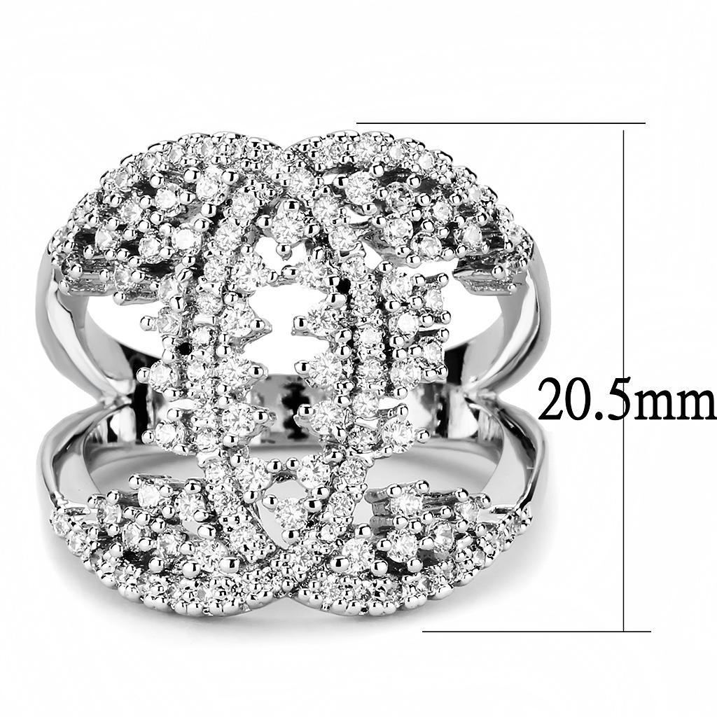 3W1448 Rhodium Brass Ring featuring a clear AAA Grade CZ stone, showcasing its elegant design and shiny finish.