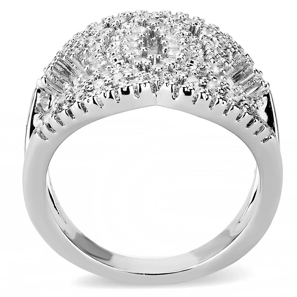 3W1448 Rhodium Brass Ring featuring a clear AAA Grade CZ stone, showcasing its elegant design and shiny finish.