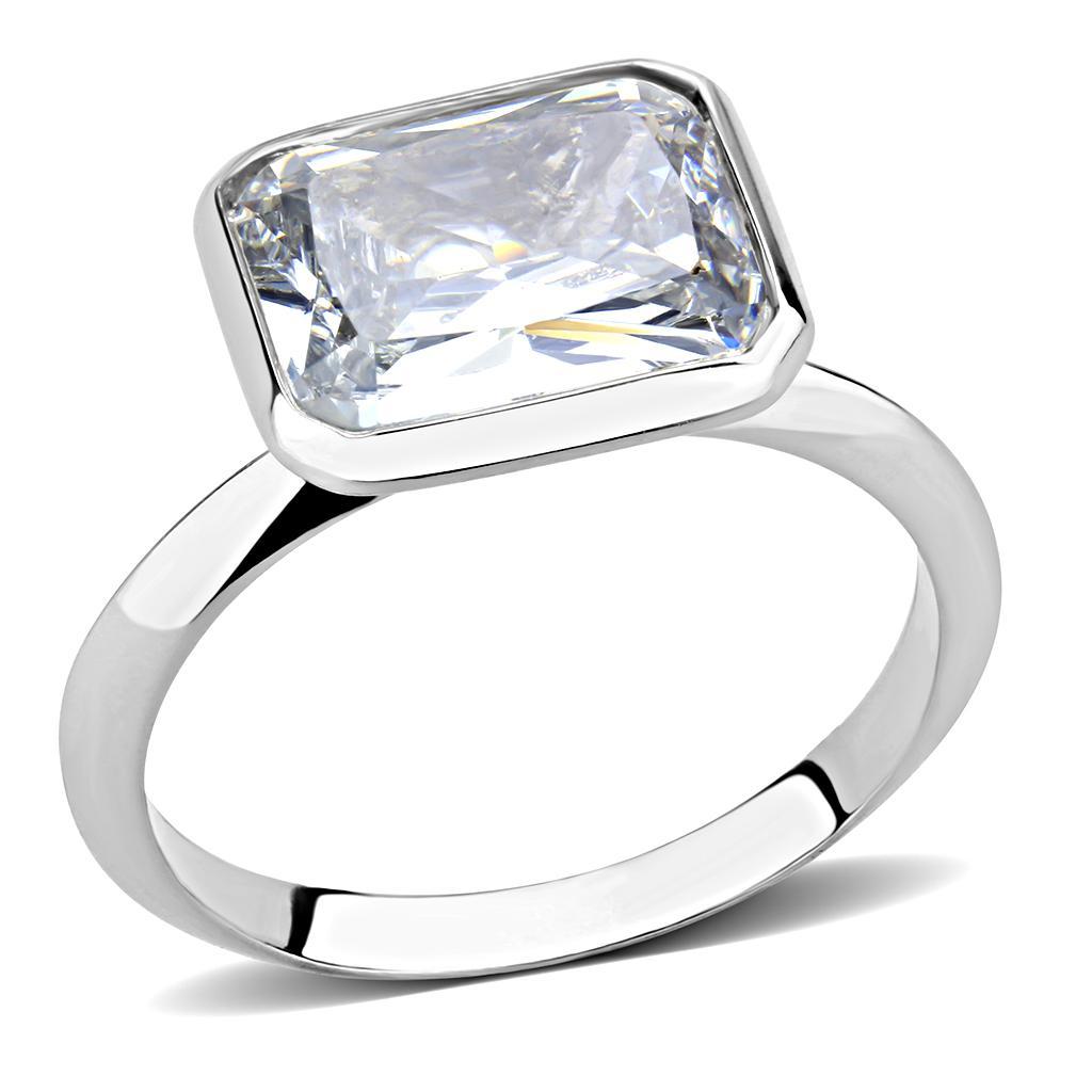 3W1488 Rhodium Brass Ring featuring a clear AAA Grade CZ stone, showcasing its elegant design and luxurious finish.