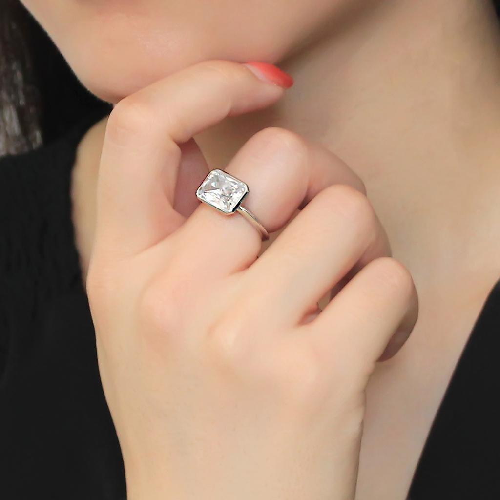 3W1488 Rhodium Brass Ring featuring a clear AAA Grade CZ stone, showcasing its elegant design and luxurious finish.