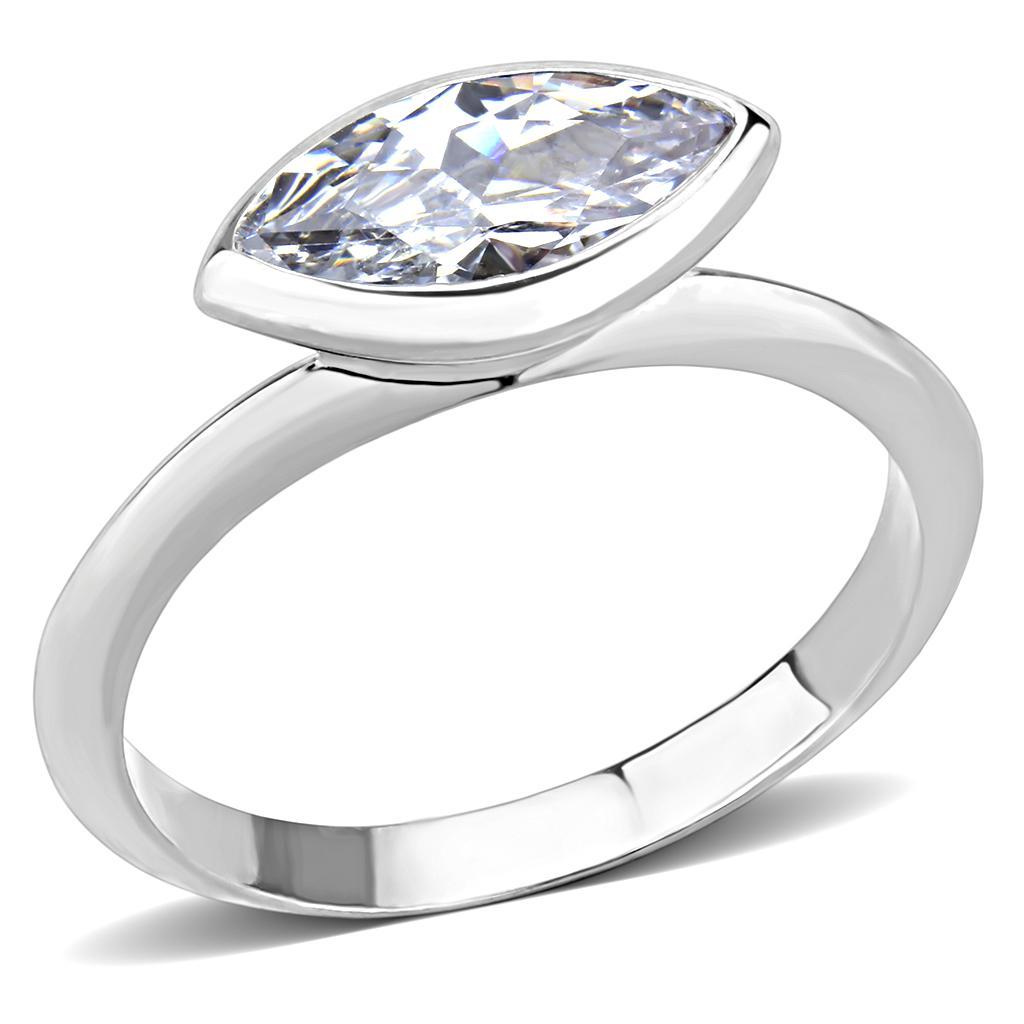 3W1489 Rhodium Brass Ring featuring a clear AAA Grade CZ stone, showcasing its elegant design and luxurious finish.