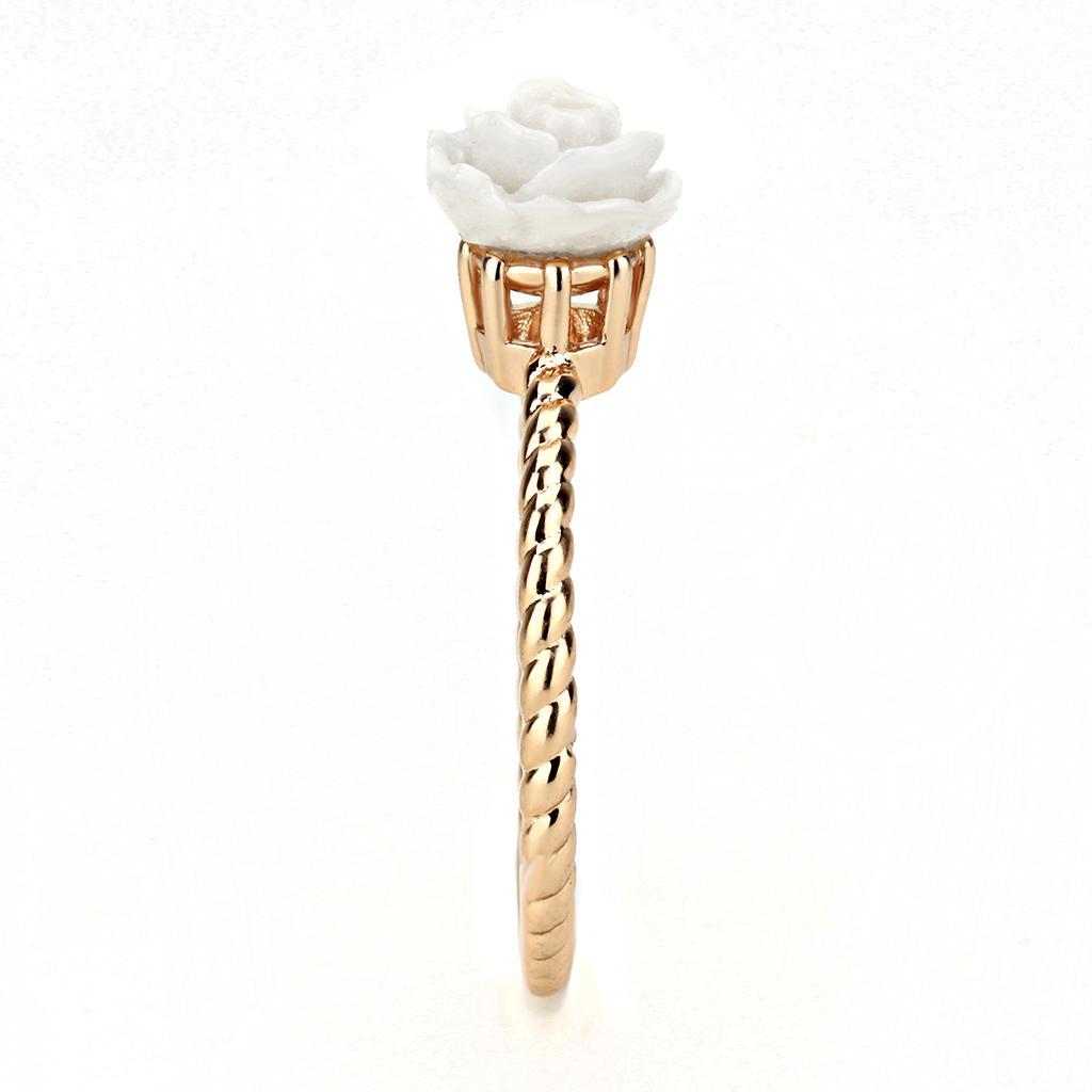 3W1492 Rose Gold Brass Ring featuring a white synthetic stone, elegantly designed for modern fashion.