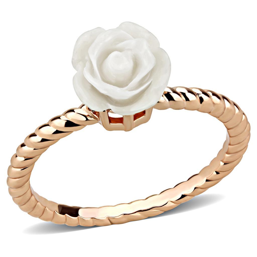 3W1492 Rose Gold Brass Ring featuring a white synthetic stone, elegantly designed for modern fashion.