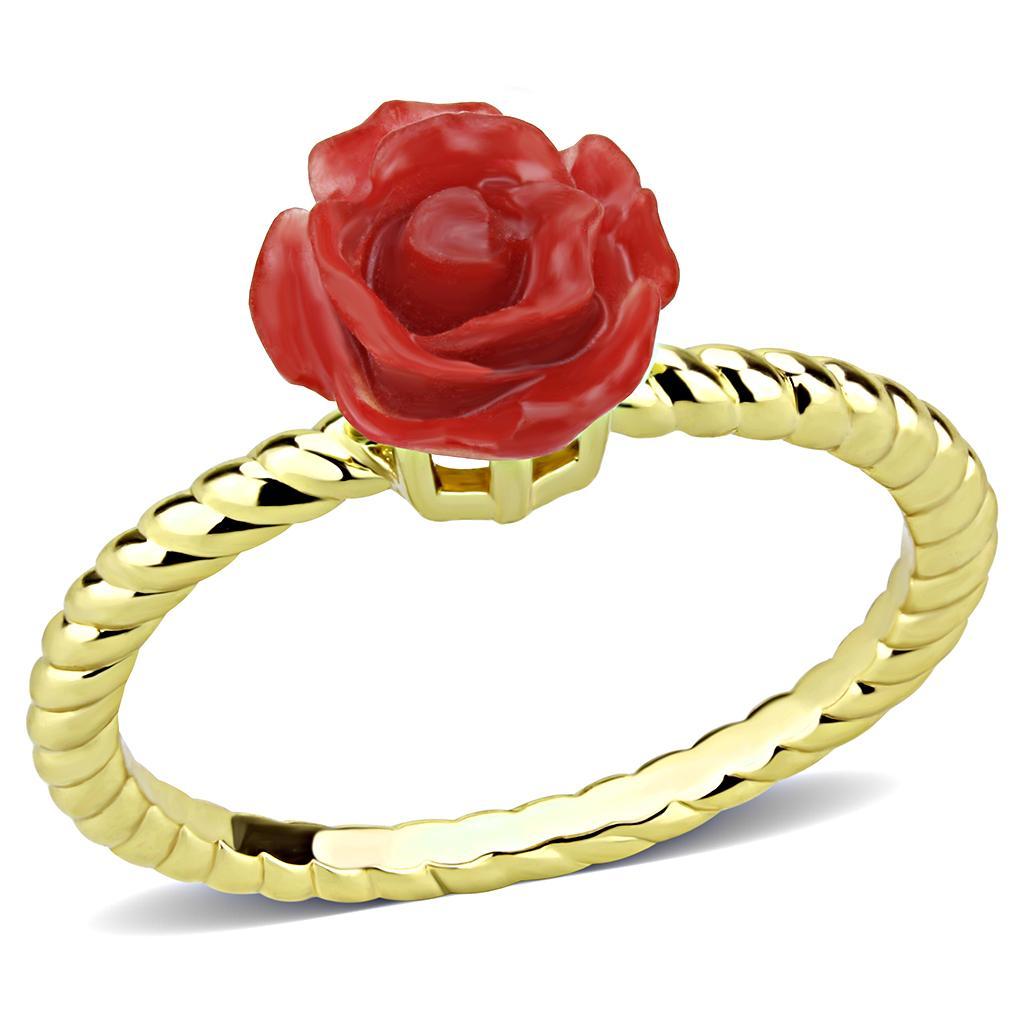 3W1498 Gold Brass Ring featuring a vibrant Siam synthetic stone, elegantly designed for stylish wear.