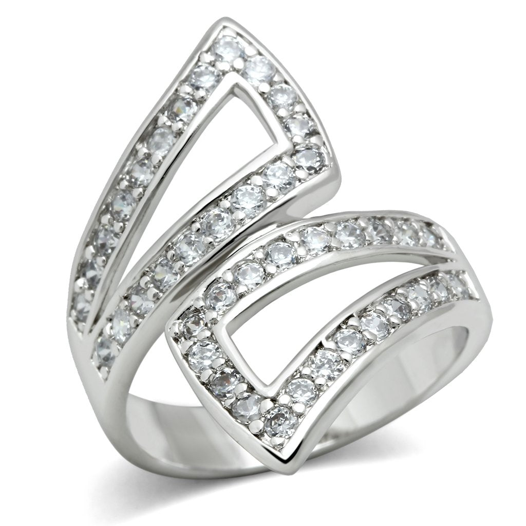 3W150 Rhodium Brass Ring featuring a clear AAA Grade CZ stone, showcasing its elegant design and luxurious finish.