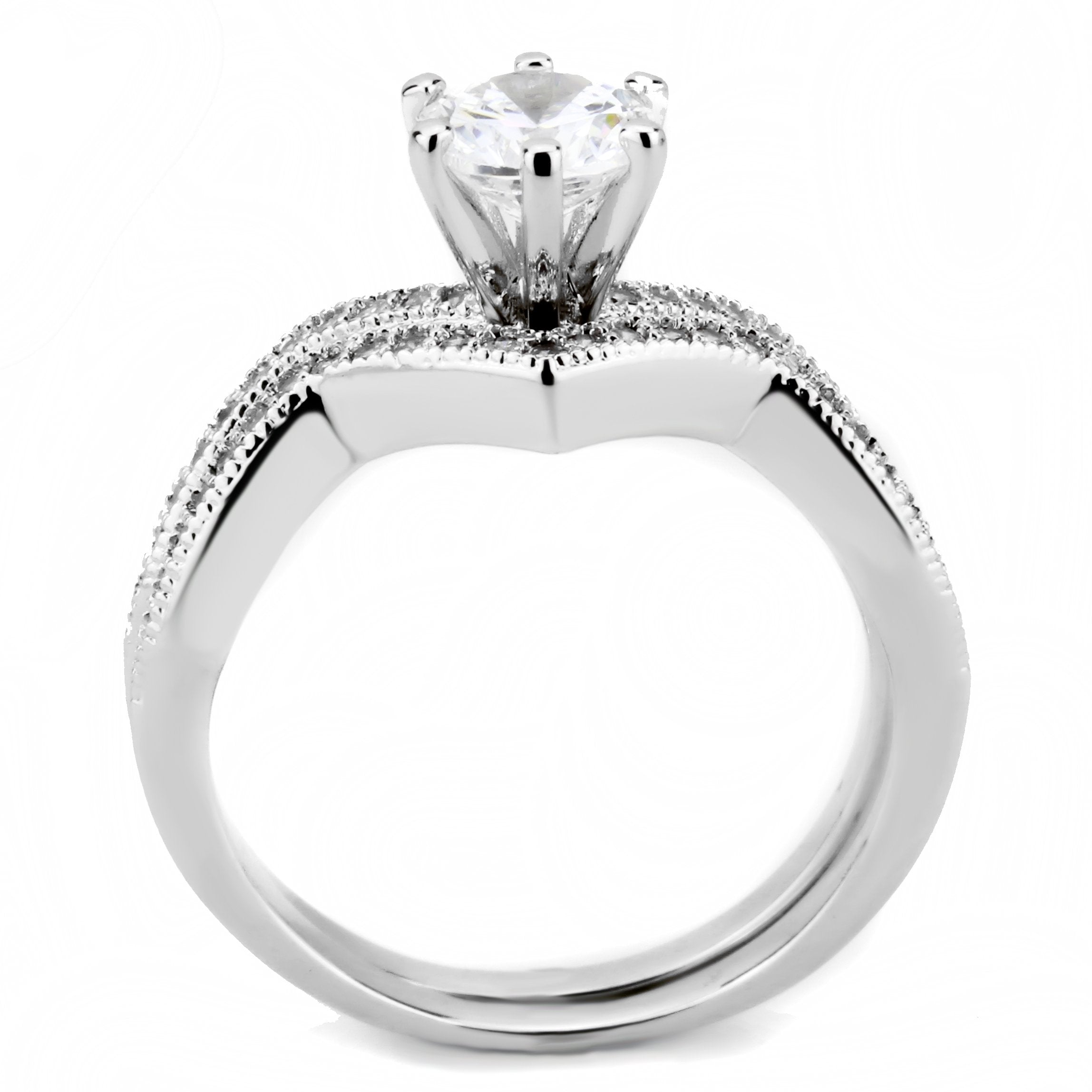 3W1505 Rhodium Brass Ring featuring a clear AAA Grade CZ stone, showcasing its elegant design and polished finish.