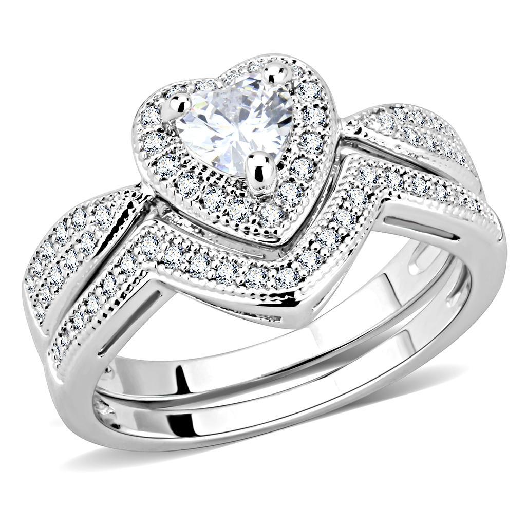 3W1508 Rhodium Brass Ring featuring a clear AAA Grade CZ stone, elegantly designed with a shiny finish.