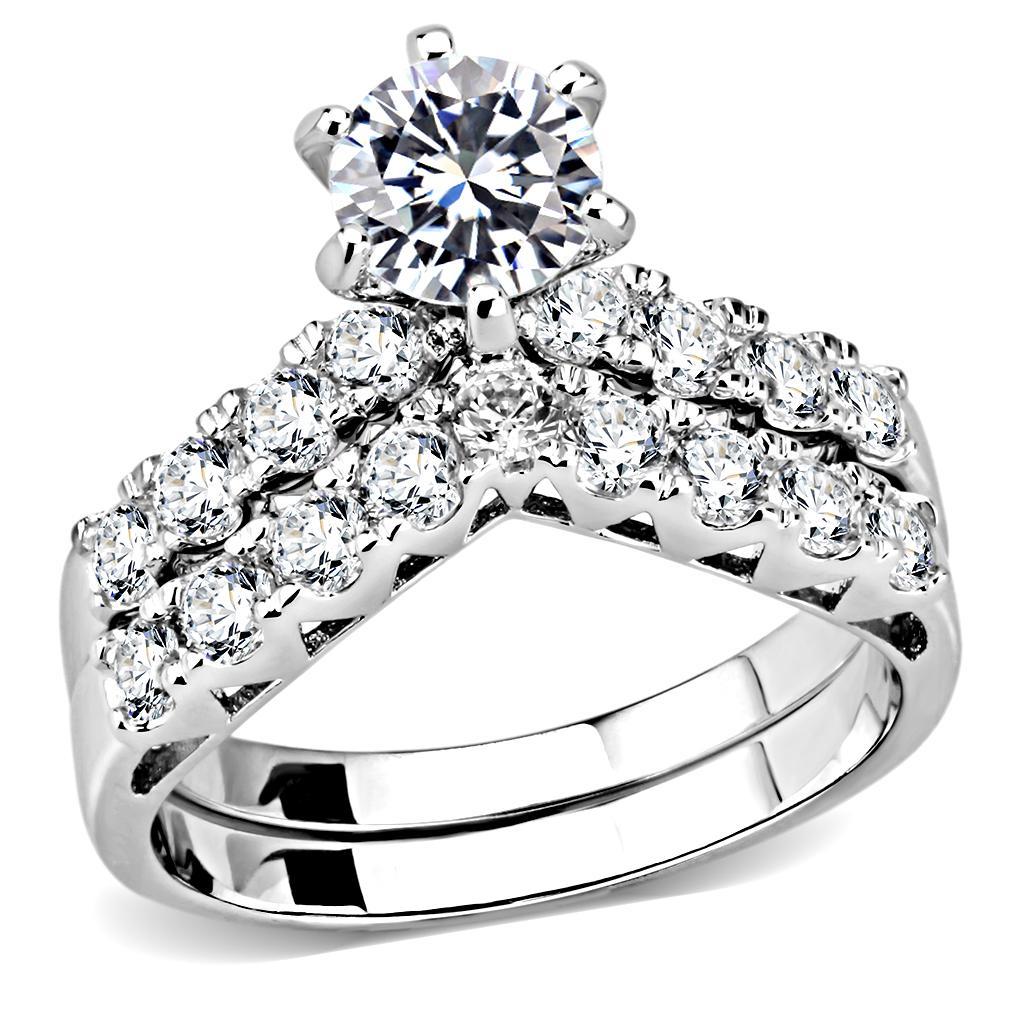 3W1513 Rhodium Brass Ring featuring a clear AAA Grade CZ stone, showcasing its elegant design and shiny finish.