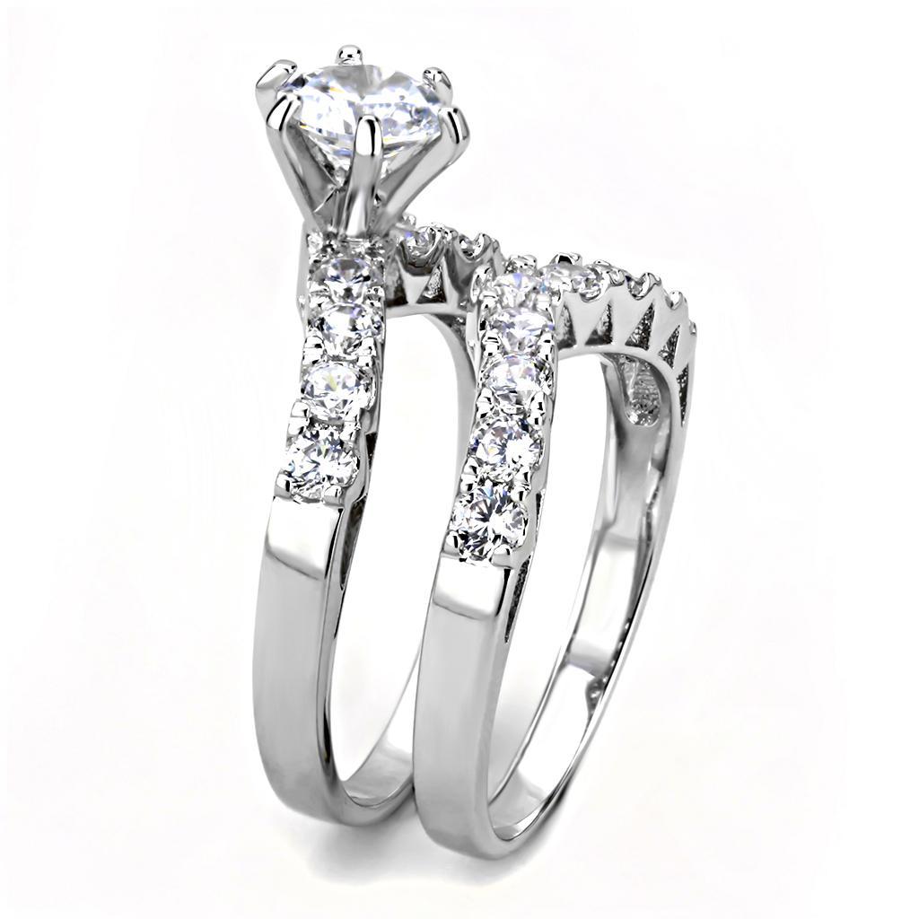 3W1513 Rhodium Brass Ring featuring a clear AAA Grade CZ stone, showcasing its elegant design and shiny finish.