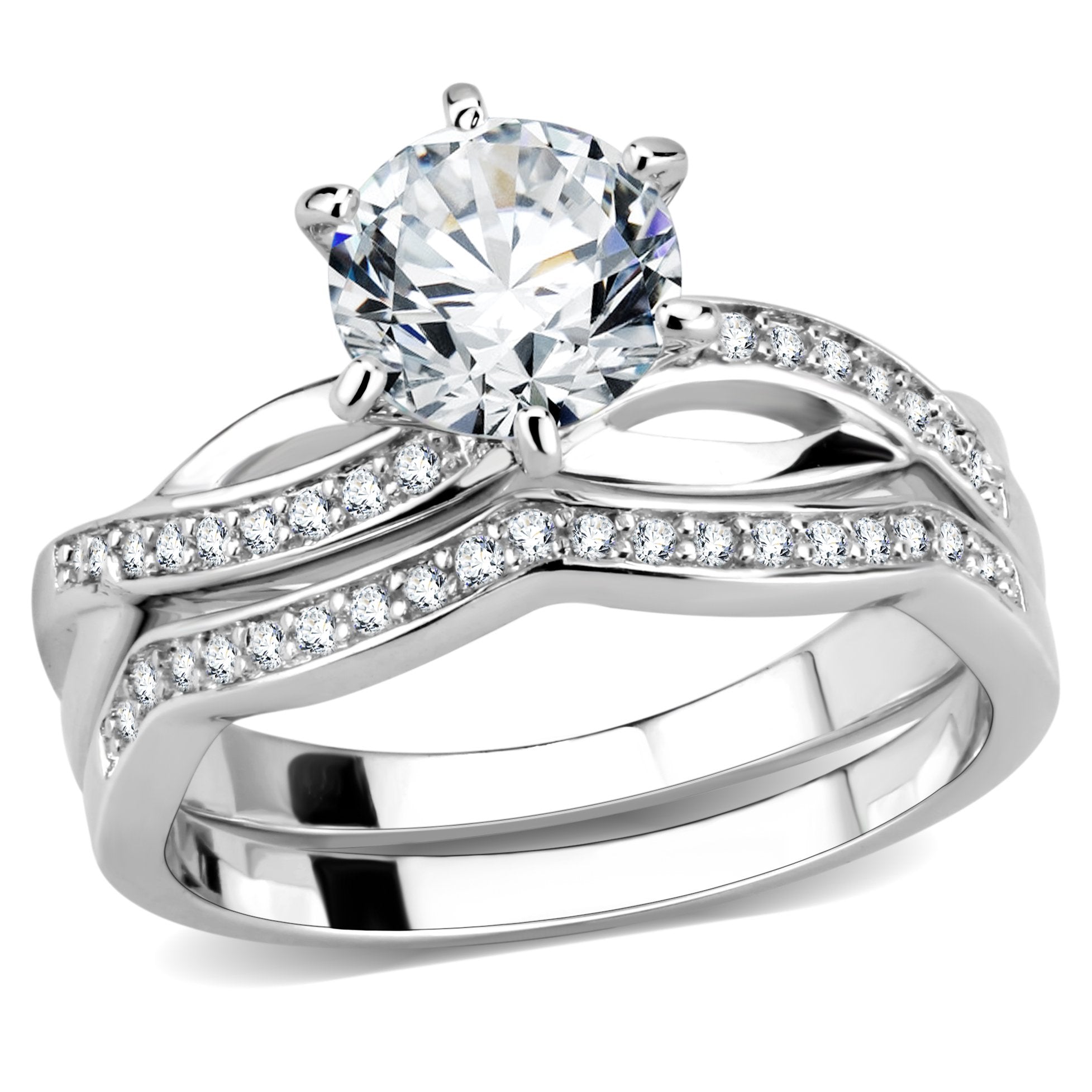 3W1514 Rhodium Brass Ring featuring a clear AAA Grade CZ stone, showcasing its elegant design and shiny finish.