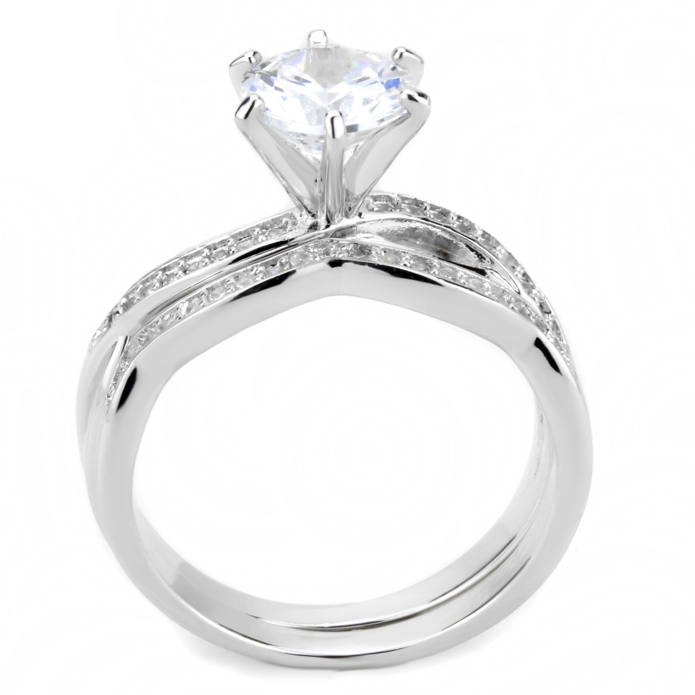 3W1514 Rhodium Brass Ring featuring a clear AAA Grade CZ stone, showcasing its elegant design and shiny finish.