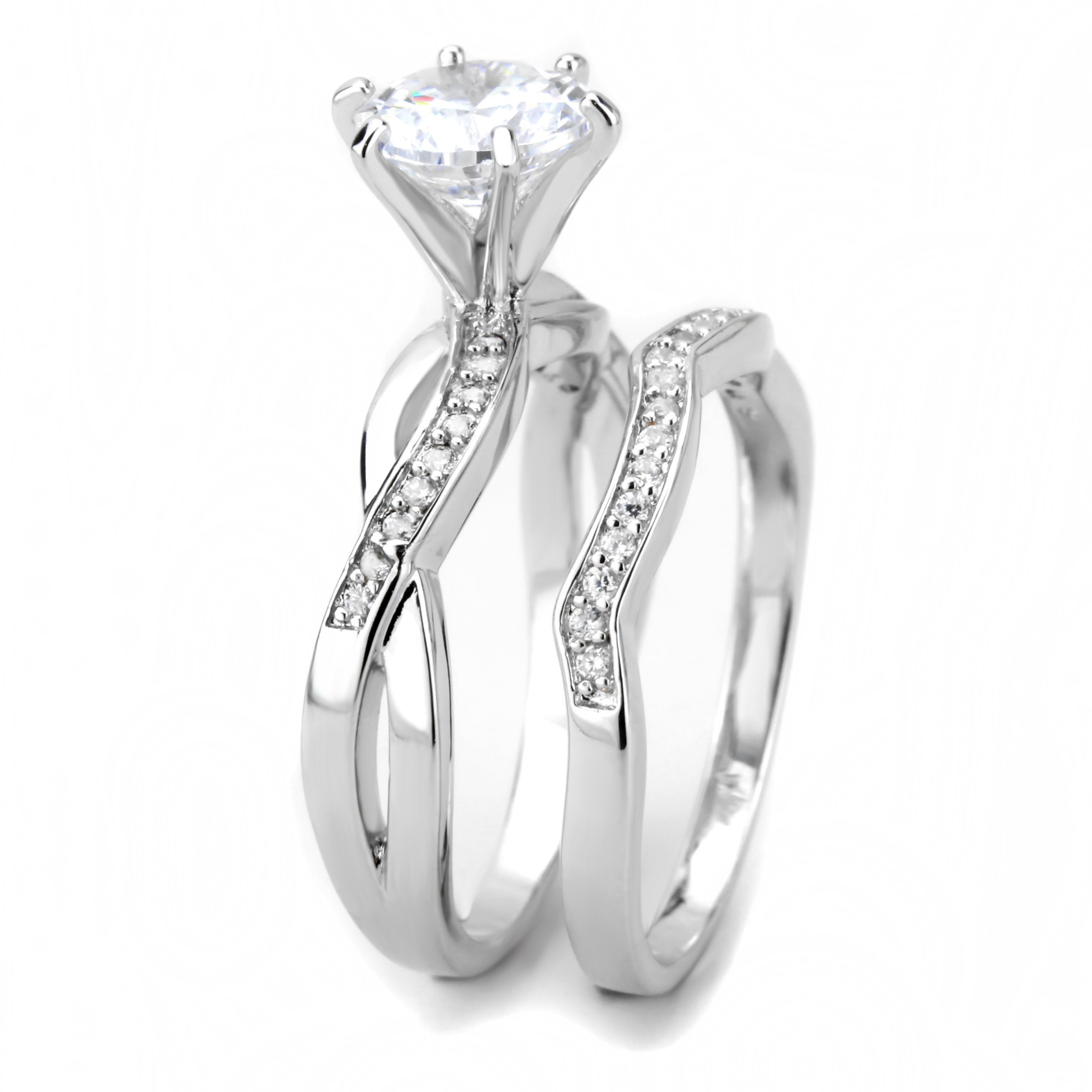 3W1514 Rhodium Brass Ring featuring a clear AAA Grade CZ stone, showcasing its elegant design and shiny finish.