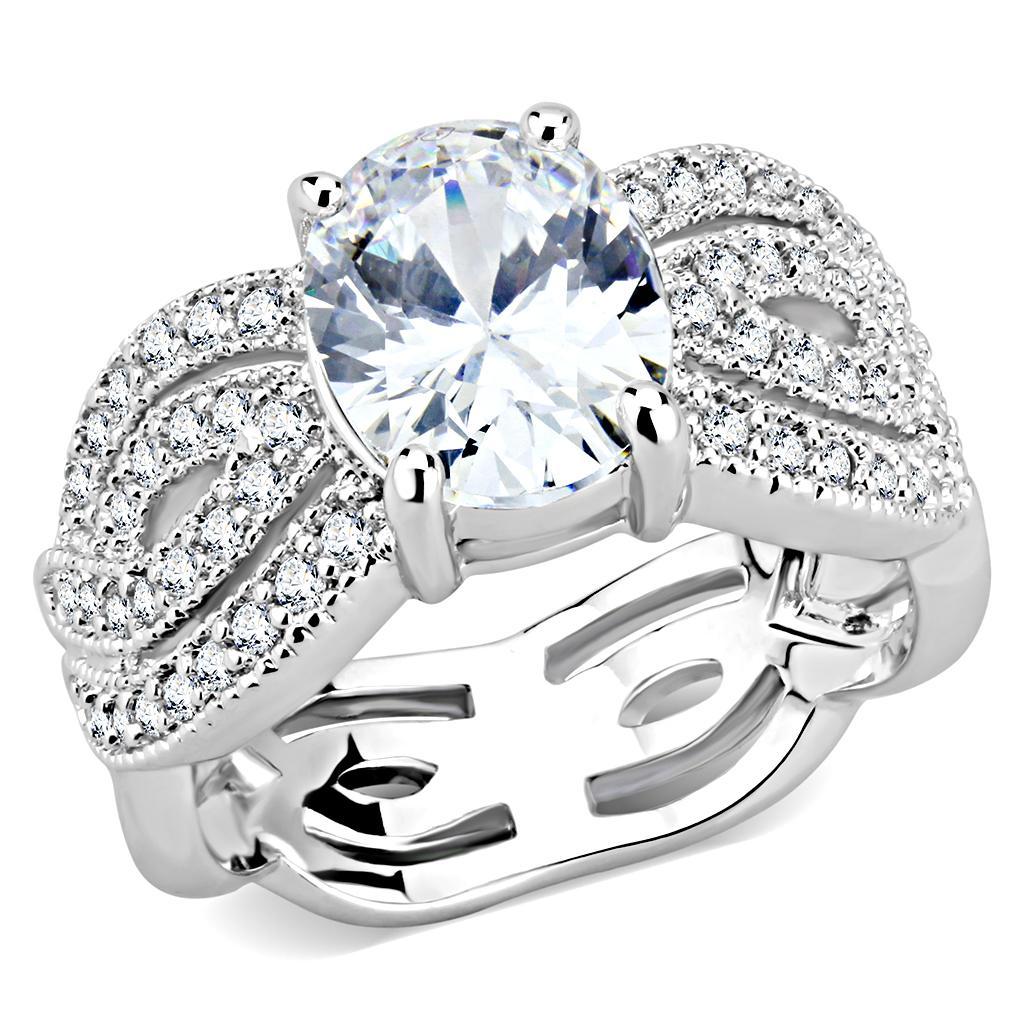 3W1517 Rhodium Brass Ring featuring a clear AAA Grade CZ stone, showcasing its elegant design and luxurious finish.