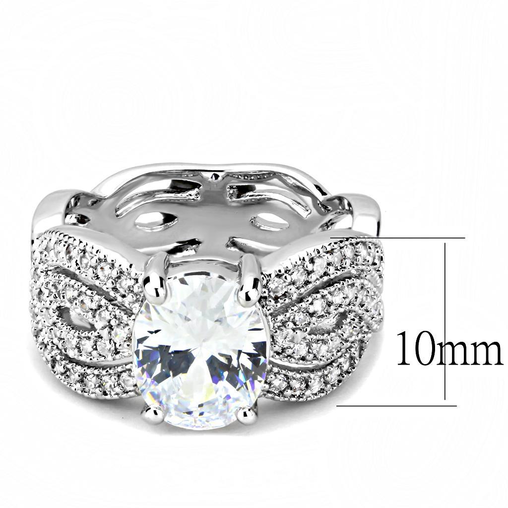 3W1517 Rhodium Brass Ring featuring a clear AAA Grade CZ stone, showcasing its elegant design and luxurious finish.