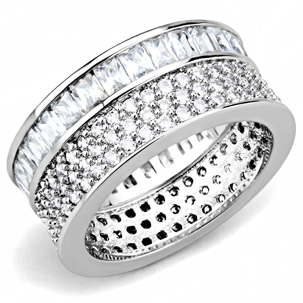 3W1520 Rhodium Stainless Steel Ring featuring a clear AAA Grade CZ stone, showcasing its elegant design and high-quality finish.