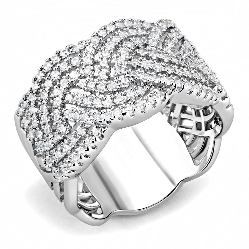 3W1524 Rhodium Brass Ring featuring a clear AAA Grade CZ stone, showcasing its elegant design and luxurious finish.