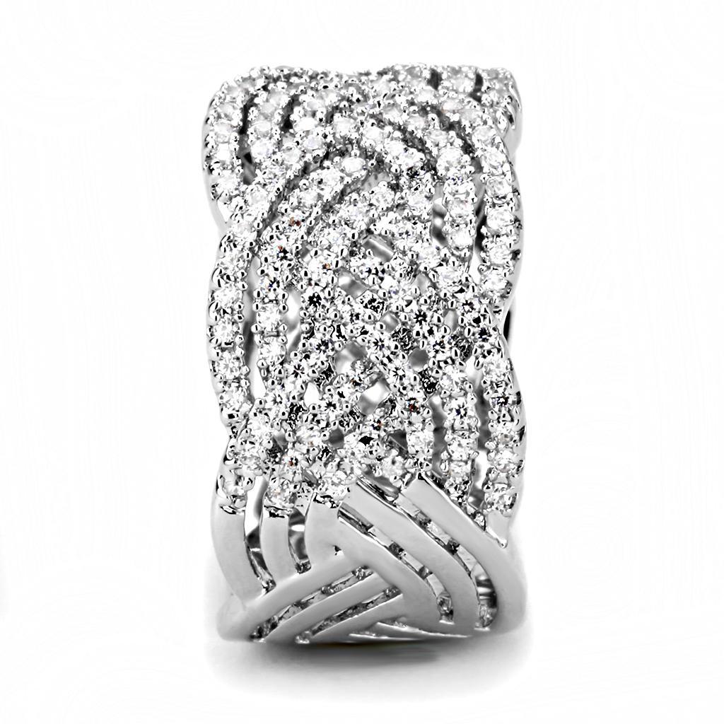 3W1524 Rhodium Brass Ring featuring a clear AAA Grade CZ stone, showcasing its elegant design and luxurious finish.