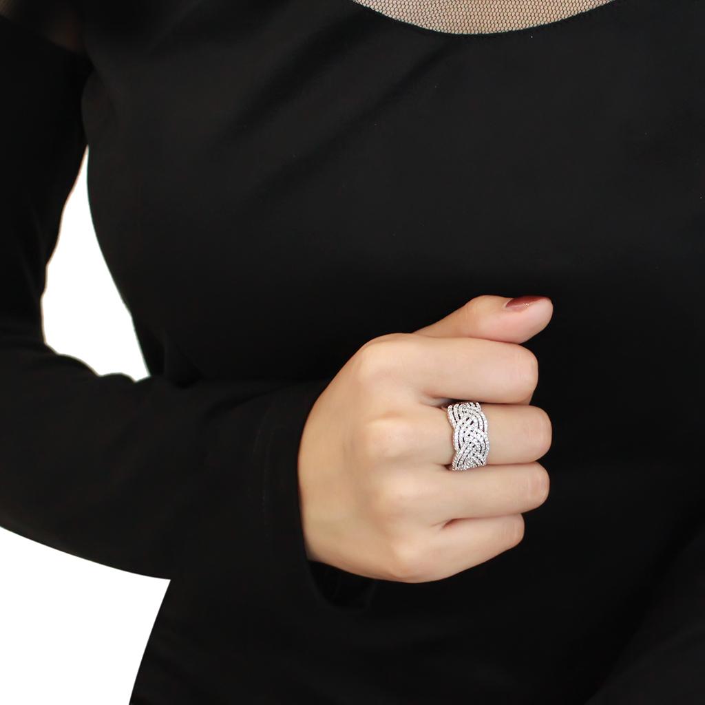 3W1524 Rhodium Brass Ring featuring a clear AAA Grade CZ stone, showcasing its elegant design and luxurious finish.