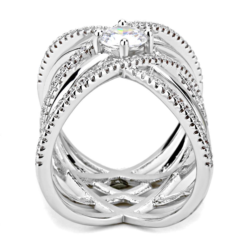 3W1528 Rhodium Brass Ring featuring a clear AAA Grade CZ stone, showcasing its elegant design and high-quality craftsmanship.