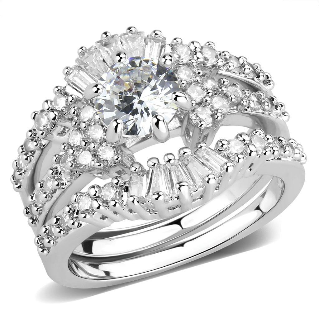 Rhodium brass ring featuring a clear AAA Grade cubic zirconia center stone, elegantly designed for any occasion.