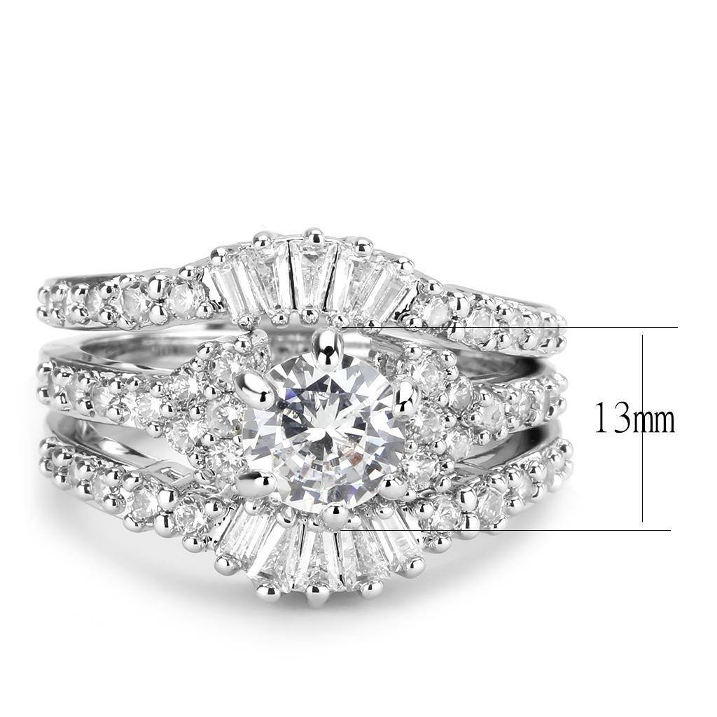 Rhodium brass ring featuring a clear AAA Grade cubic zirconia center stone, elegantly designed for any occasion.