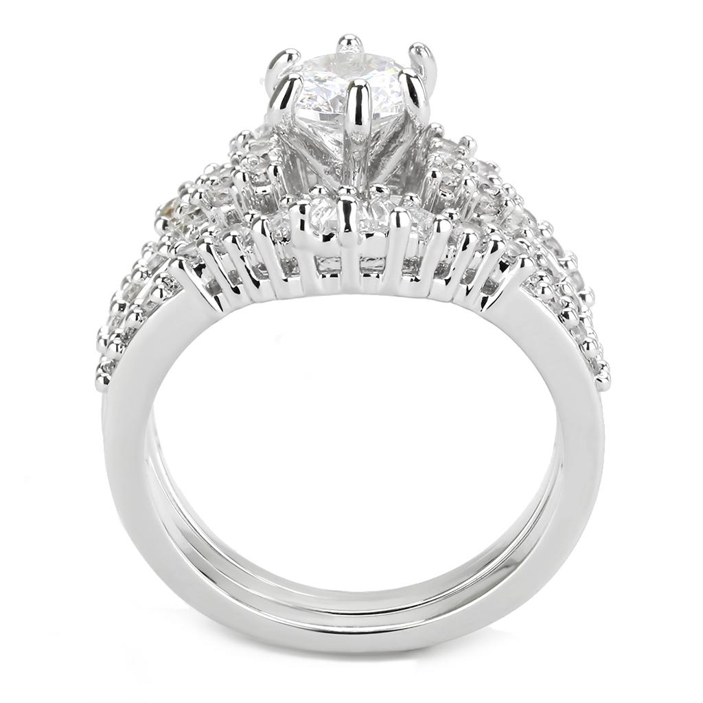 Rhodium brass ring featuring a clear AAA Grade cubic zirconia center stone, elegantly designed for any occasion.