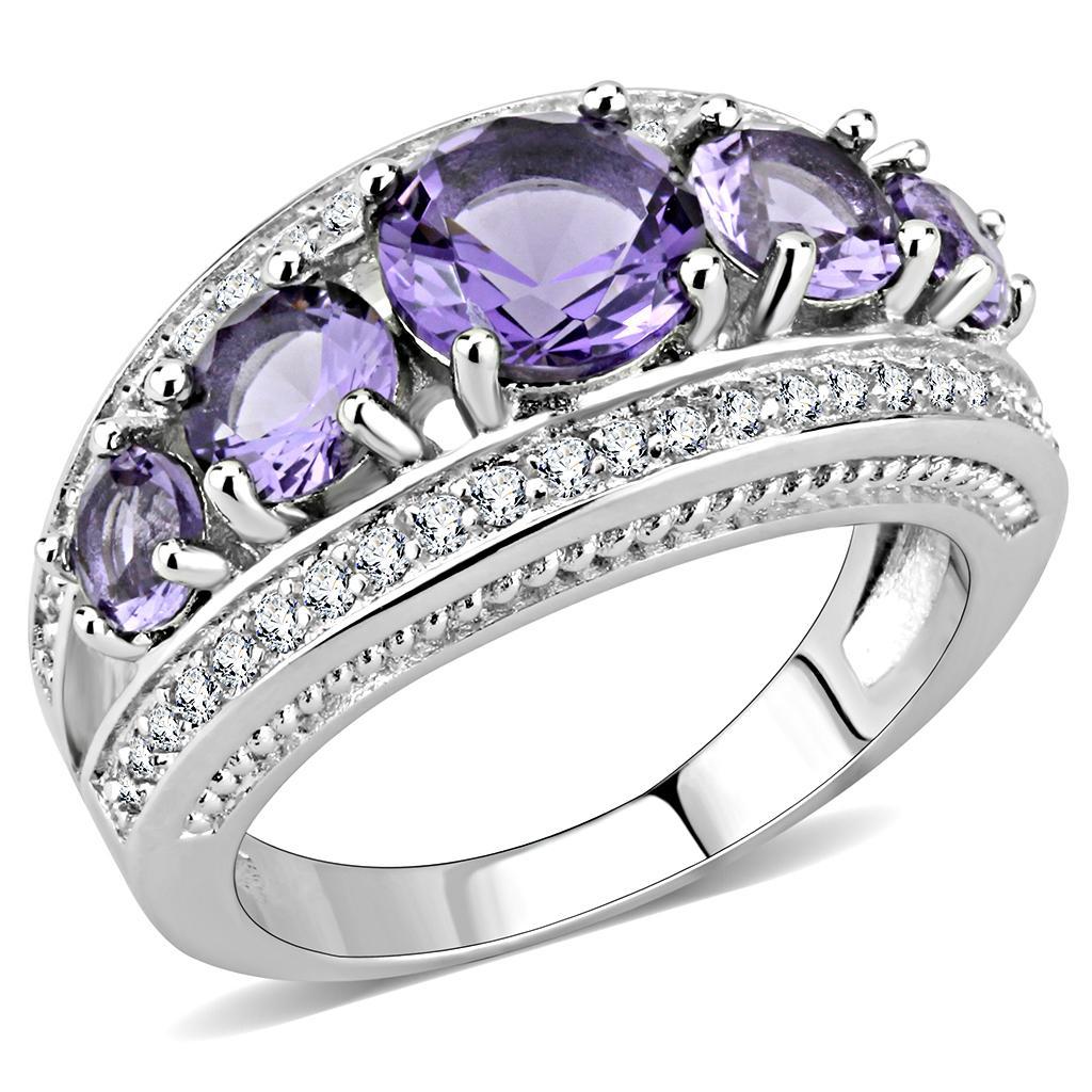 3W1530 Rhodium Brass Ring featuring a synthetic Amethyst stone, showcasing its elegant design and luxurious finish.