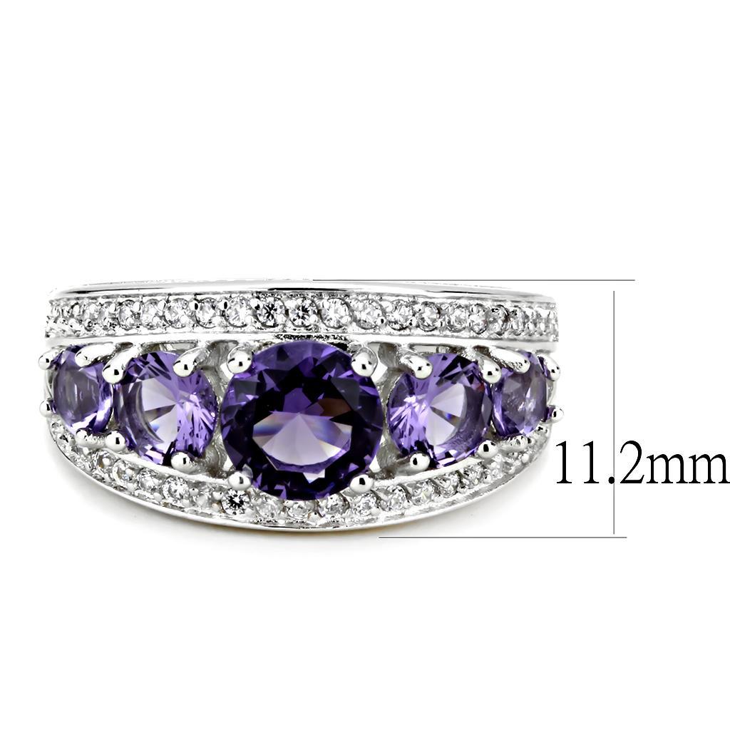 3W1530 Rhodium Brass Ring featuring a synthetic Amethyst stone, showcasing its elegant design and luxurious finish.