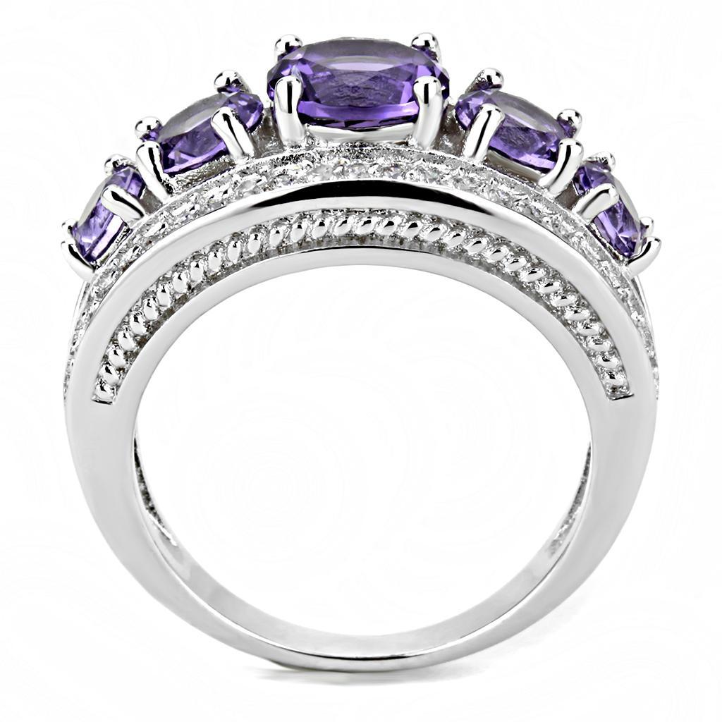 3W1530 Rhodium Brass Ring featuring a synthetic Amethyst stone, showcasing its elegant design and luxurious finish.