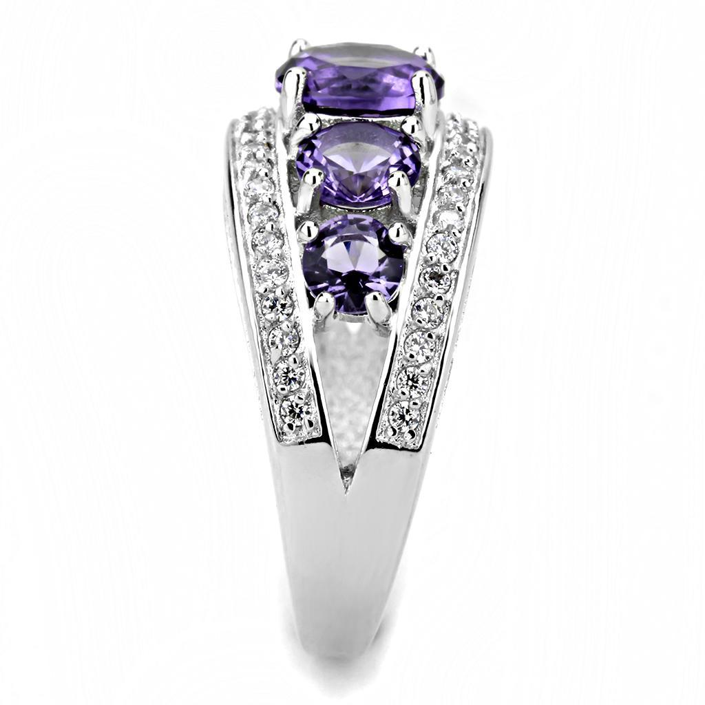 3W1530 Rhodium Brass Ring featuring a synthetic Amethyst stone, showcasing its elegant design and luxurious finish.