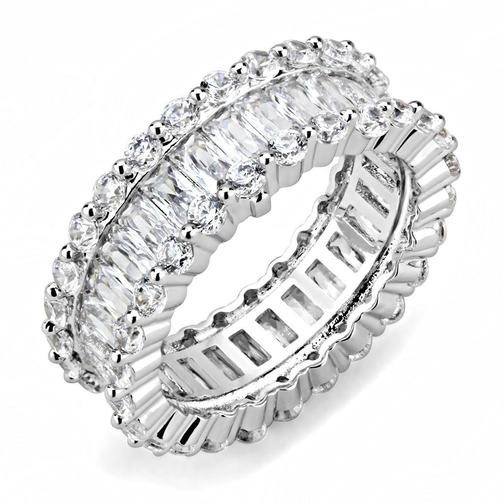 3W1531 Rhodium Brass Ring featuring a clear AAA Grade CZ stone, showcasing its elegant design and luxurious finish.