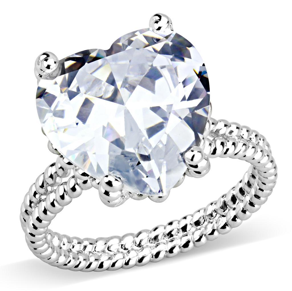 3W1536 Rhodium Brass Ring featuring a large AAA Grade Clear CZ stone, showcasing its elegant design and shiny finish.