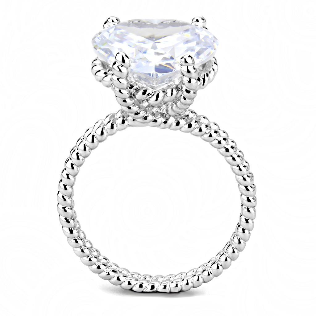 3W1536 Rhodium Brass Ring featuring a large AAA Grade Clear CZ stone, showcasing its elegant design and shiny finish.