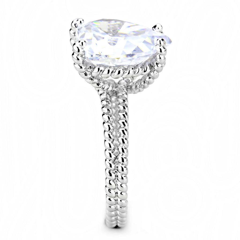 3W1536 Rhodium Brass Ring featuring a large AAA Grade Clear CZ stone, showcasing its elegant design and shiny finish.