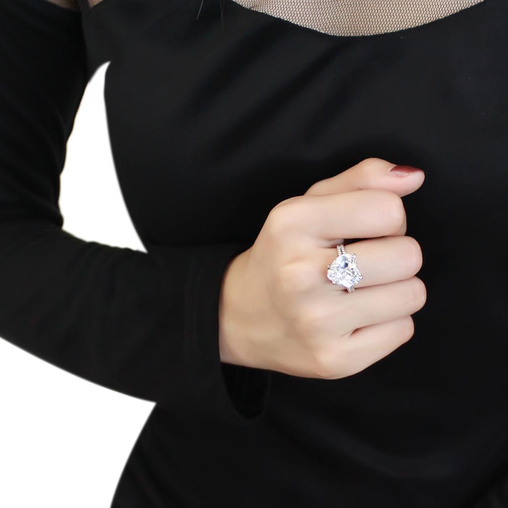 3W1536 Rhodium Brass Ring featuring a large AAA Grade Clear CZ stone, showcasing its elegant design and shiny finish.