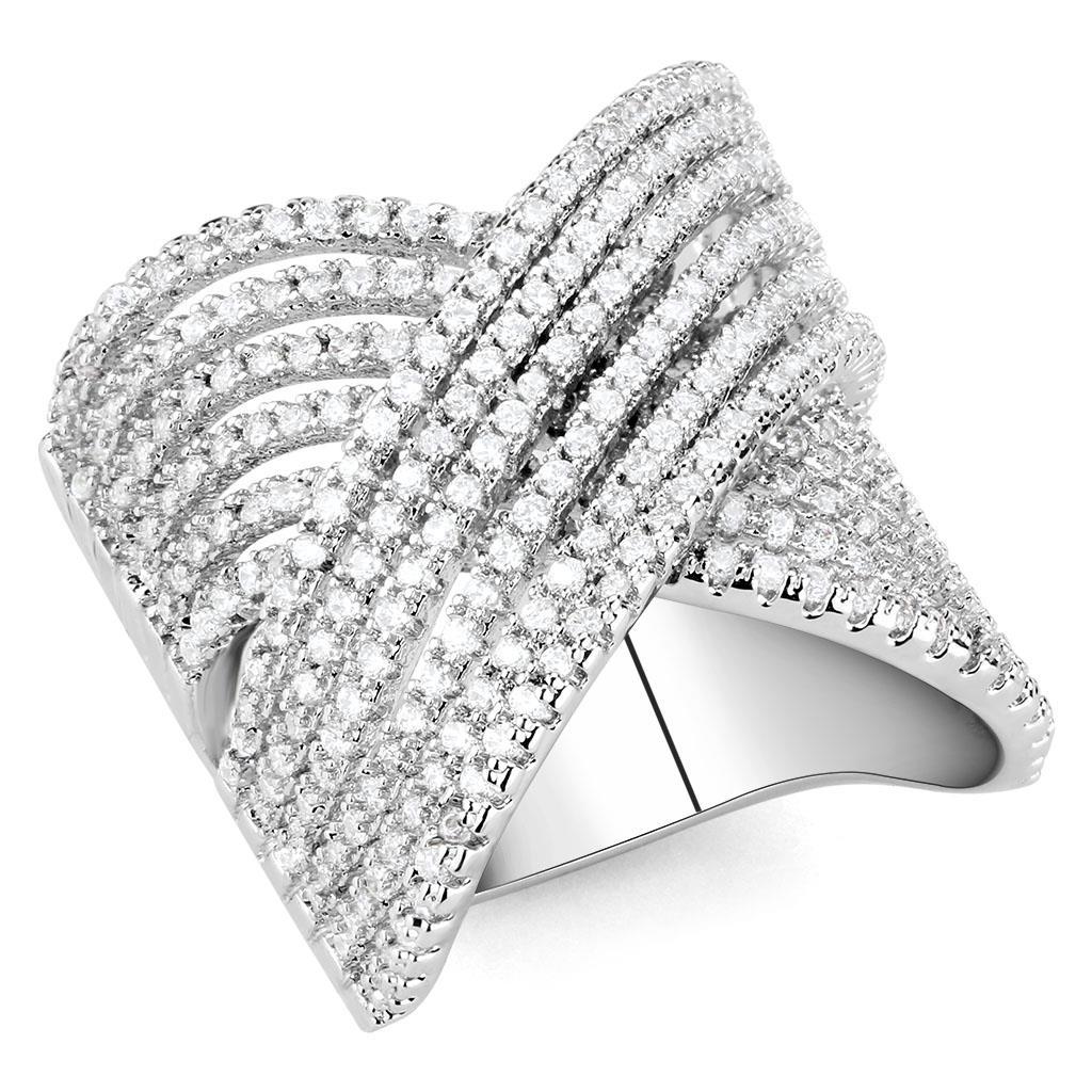 3W1539 Rhodium Brass Ring featuring a clear AAA Grade CZ stone, showcasing its elegant design and luxurious finish.