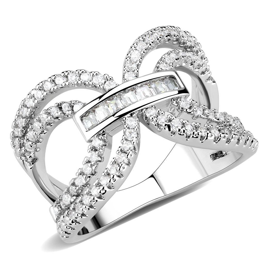 3W1541 Rhodium Brass Ring featuring a clear AAA Grade CZ stone, showcasing its elegant design and shiny finish.