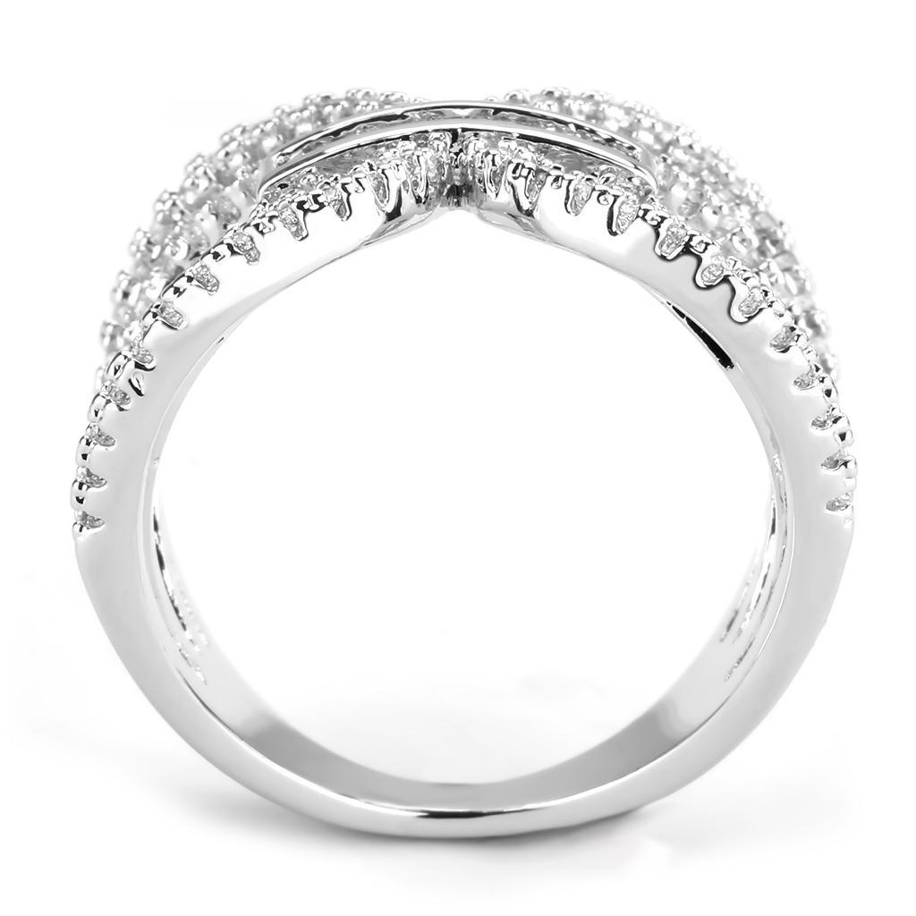 3W1541 Rhodium Brass Ring featuring a clear AAA Grade CZ stone, showcasing its elegant design and shiny finish.