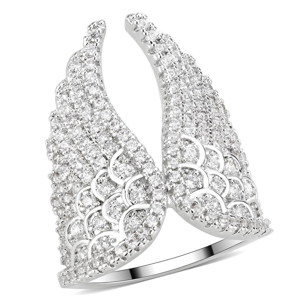 3W1543 Rhodium Brass Ring featuring a clear AAA Grade CZ stone, showcasing its elegant design and luxurious finish.