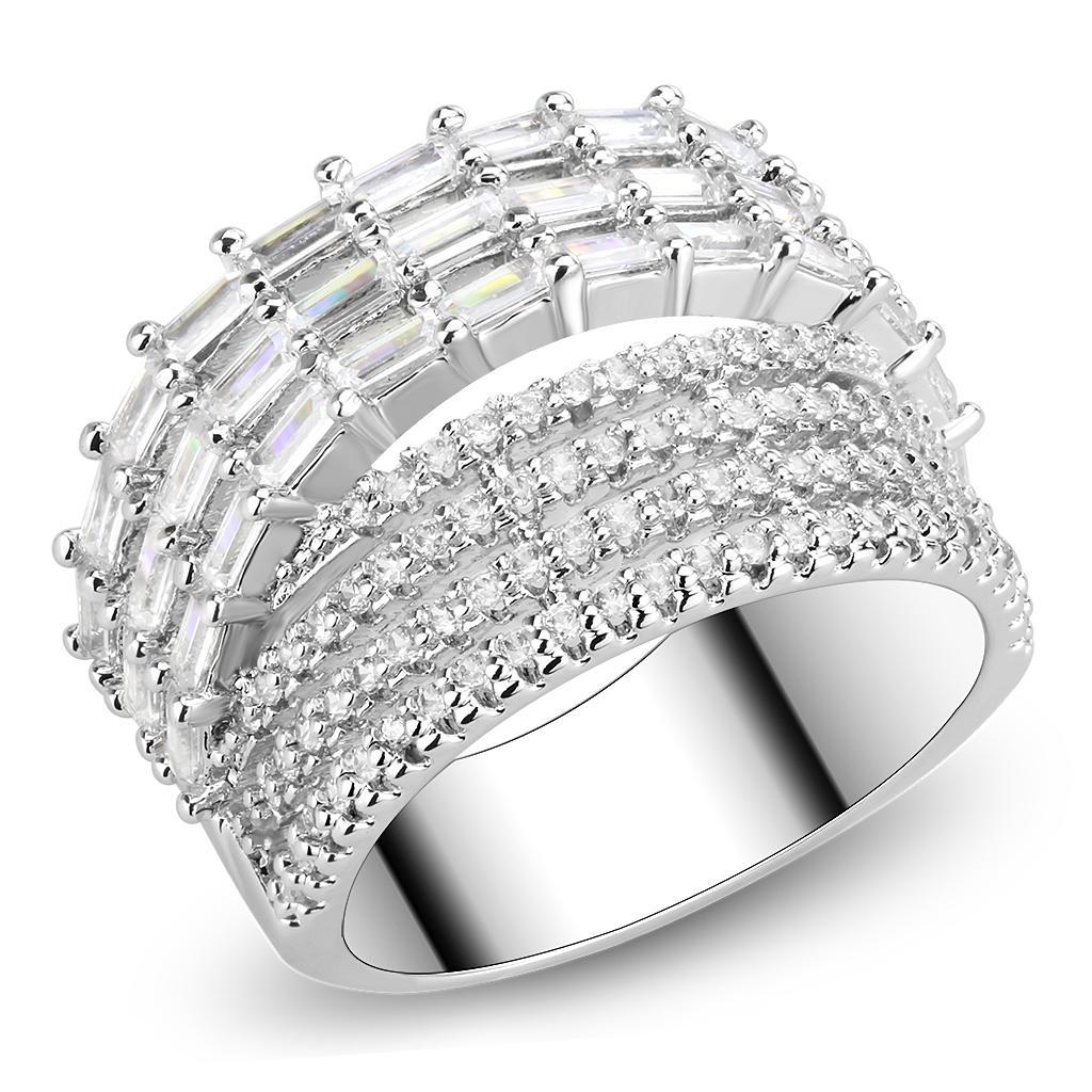 3W1545 Rhodium Brass Ring featuring a clear AAA Grade CZ center stone, showcasing its elegant design and shiny finish.