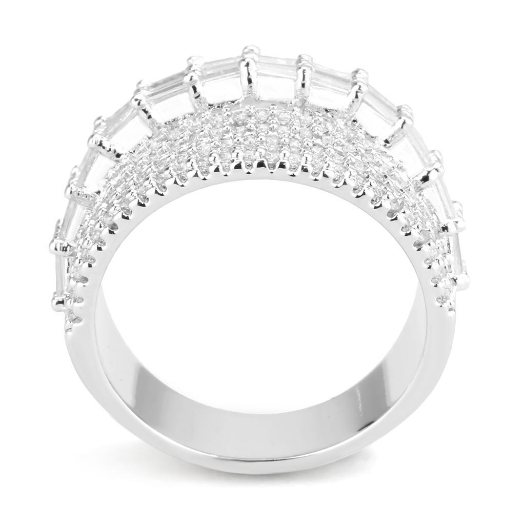 3W1545 Rhodium Brass Ring featuring a clear AAA Grade CZ center stone, showcasing its elegant design and shiny finish.