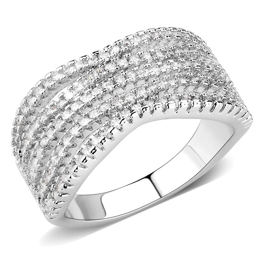 3W1546 Rhodium Brass Ring featuring a clear AAA Grade CZ stone, showcasing its elegant design and luxurious finish.