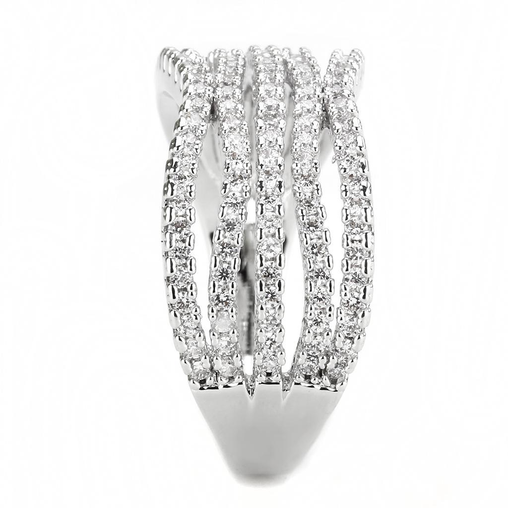 3W1546 Rhodium Brass Ring featuring a clear AAA Grade CZ stone, showcasing its elegant design and luxurious finish.