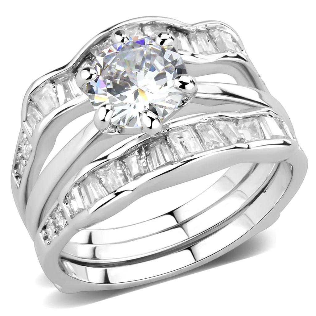 3W1557 Rhodium Brass Ring featuring a clear AAA Grade CZ stone, showcasing its elegant design and luxurious finish.