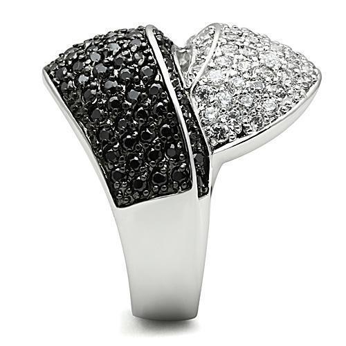 3W157 Rhodium and Ruthenium Brass Ring featuring AAA Grade CZ in Jet color, showcasing its elegant design and luxurious finish.