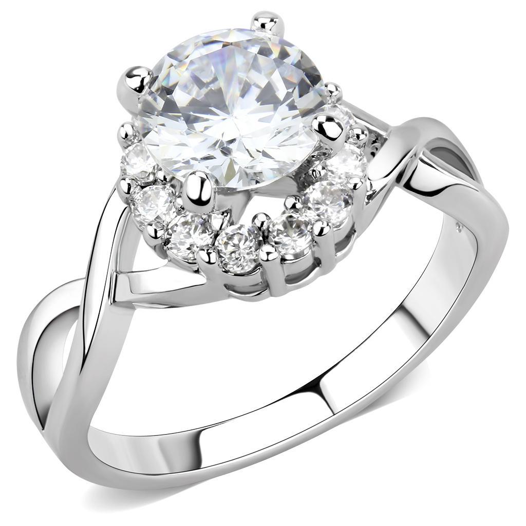 3W1575 Rhodium Brass Ring featuring a clear AAA Grade CZ stone, showcasing its elegant design and luxurious finish.